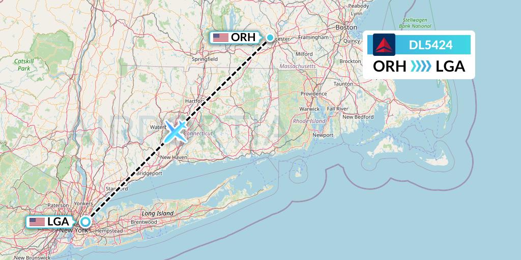 DL5424 Delta Air Lines Flight Map: Worcester to New York