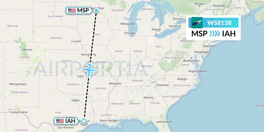 WS8138 WestJet Flight Map: Minneapolis to Houston