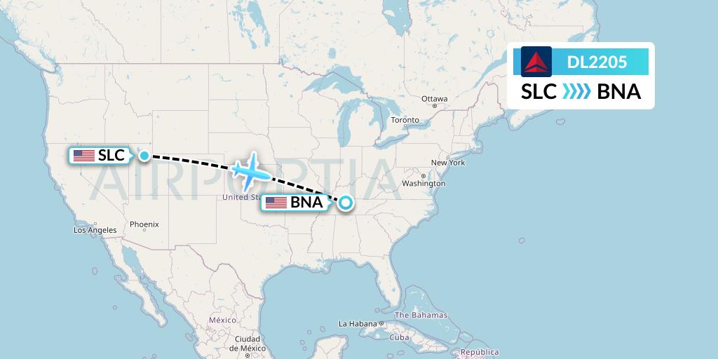 DL2205 Delta Air Lines Flight Map: Salt Lake City to Nashville