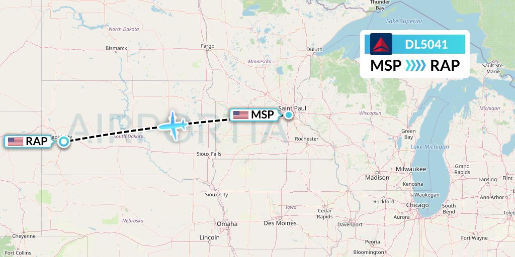 DL5041 Delta Air Lines Flight Map: Minneapolis to Rapid City