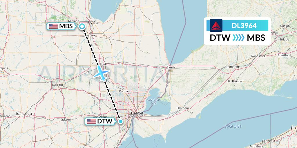 DL3964 Delta Air Lines Flight Map: Detroit to Saginaw