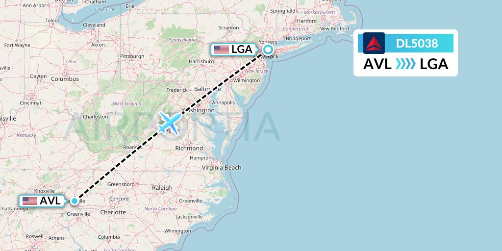 DL5038 Delta Air Lines Flight Map: Asheville to New York