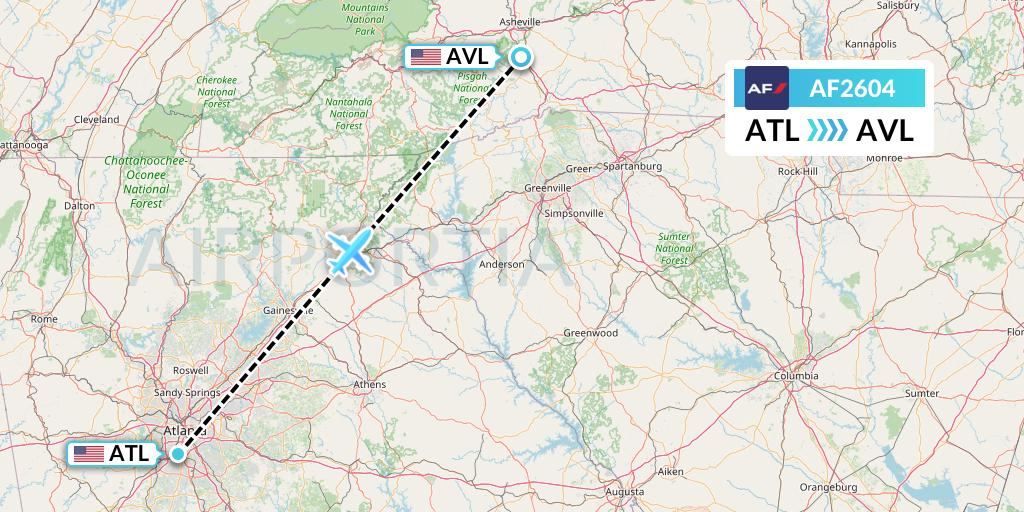 AF2604 Air France Flight Map: Atlanta to Asheville