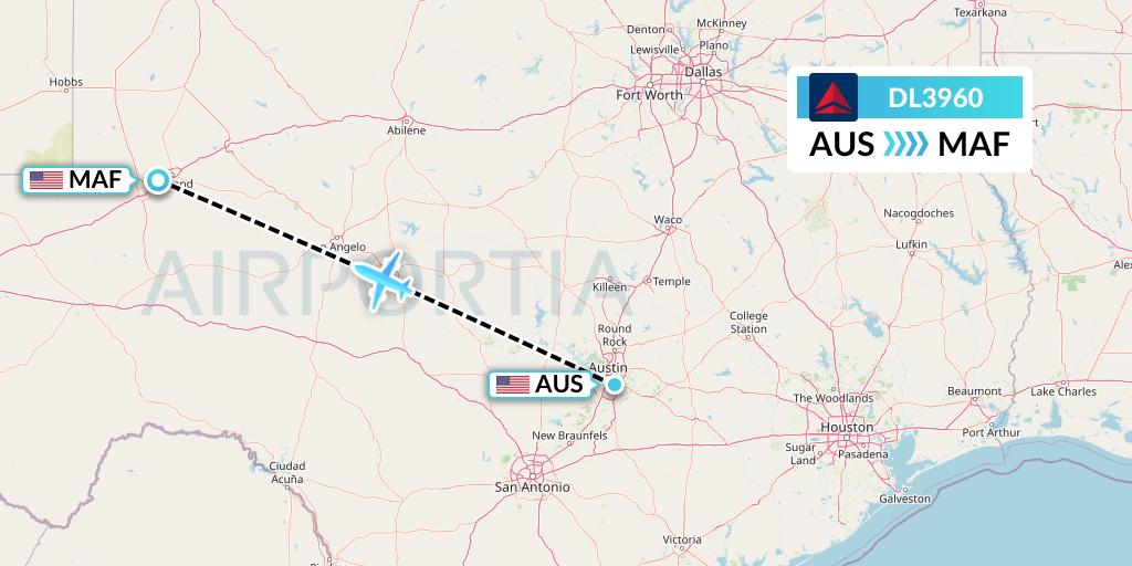 DL3960 Delta Air Lines Flight Map: Austin to Midland