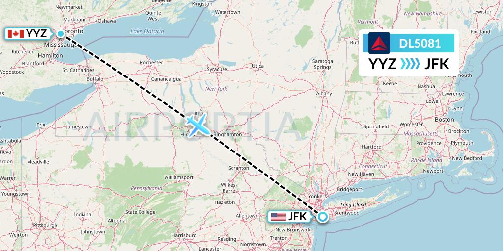 DL5081 Delta Air Lines Flight Map: Toronto to New York