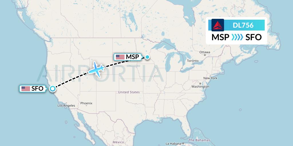 DL756 Delta Air Lines Flight Map: Minneapolis to San Francisco