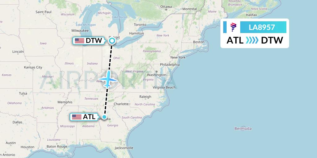 LA8957 LAN Airlines Flight Map: Atlanta to Detroit