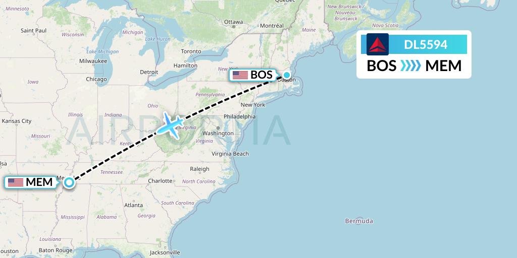 DL5594 Delta Air Lines Flight Map: Boston to Memphis