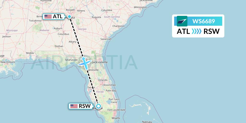 WS6689 WestJet Flight Map: Atlanta to Fort Myers