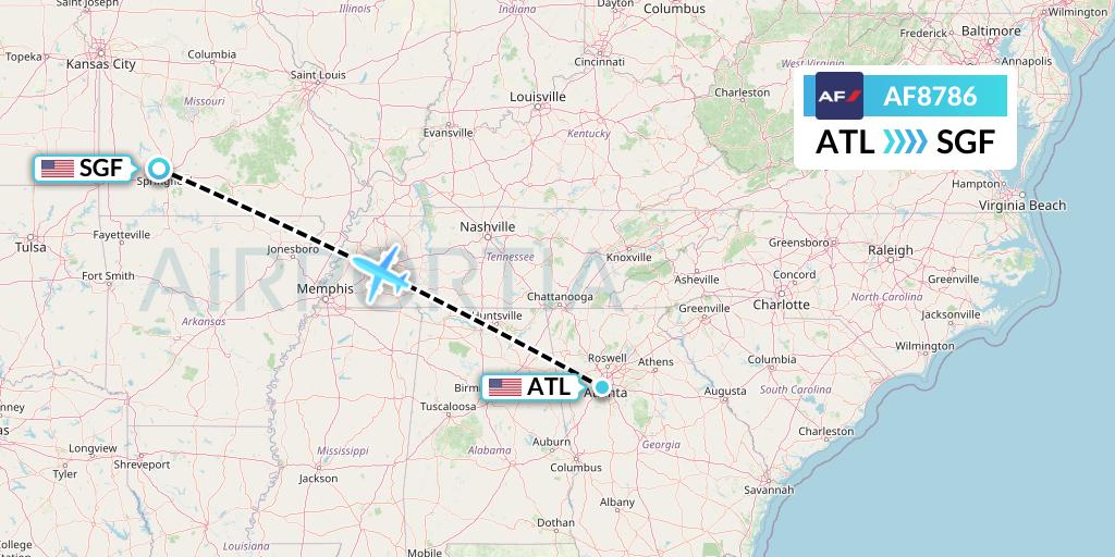 AF8786 Air France Flight Map: Atlanta to Springfield