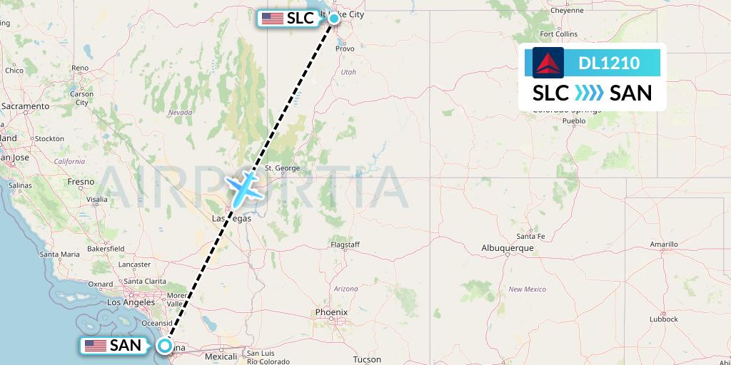 DL1210 Delta Air Lines Flight Map: Salt Lake City to San Diego