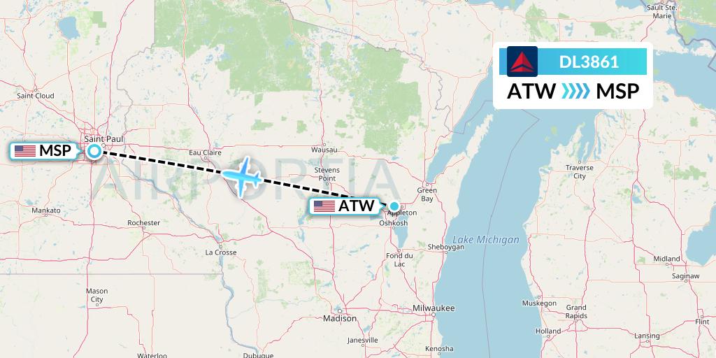 DL3861 Delta Air Lines Flight Map: Appleton to Minneapolis