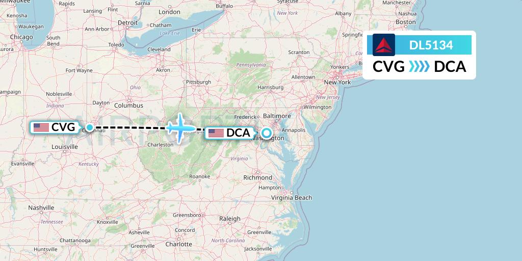 DL5134 Delta Air Lines Flight Map: Cincinnati to Washington