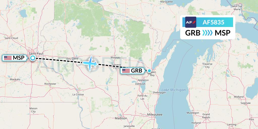 AF5835 Air France Flight Map: Green Bay to Minneapolis