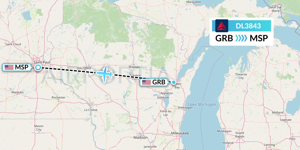 DL3843 Delta Air Lines Flight Map: Green Bay to Minneapolis