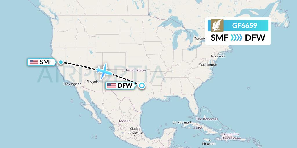 GF6659 Gulf Air Flight Map: Sacramento to Dallas