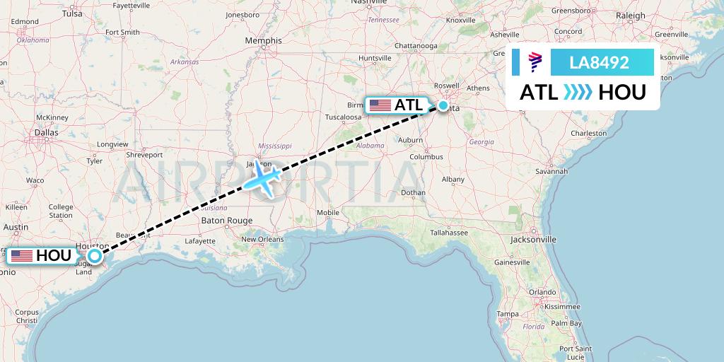 LA8492 LAN Airlines Flight Map: Atlanta to Houston