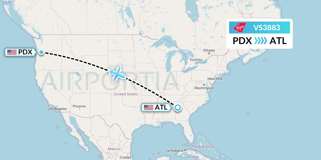 VS3883 Virgin Atlantic Airways Flight Map: Portland to Atlanta