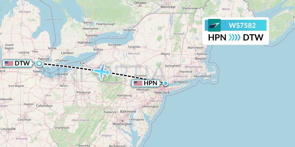 WS7582 WestJet Flight Map: White Plains to Detroit