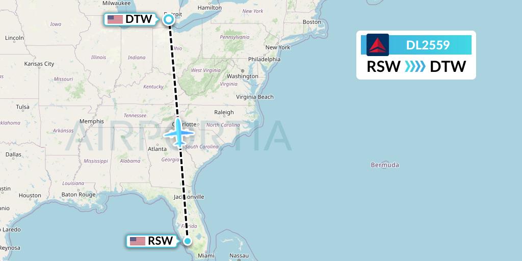 DL2559 Delta Air Lines Flight Map: Fort Myers to Detroit