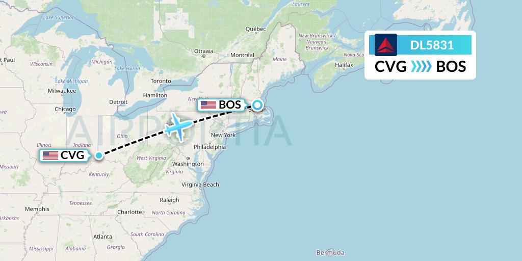 DL5831 Delta Air Lines Flight Map: Cincinnati to Boston