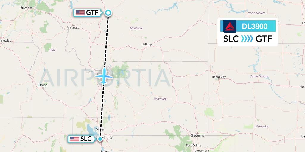 DL3800 Delta Air Lines Flight Map: Salt Lake City to Great Falls