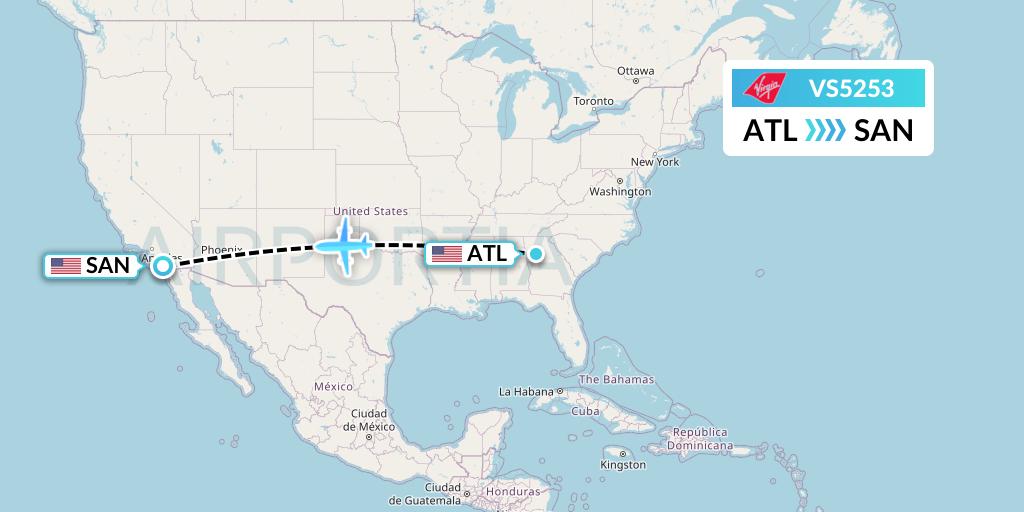 VS5253 Virgin Atlantic Airways Flight Map: Atlanta to San Diego