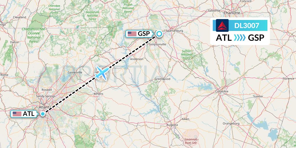 DL3007 Delta Air Lines Flight Map: Atlanta to Greenville-Spartanburg