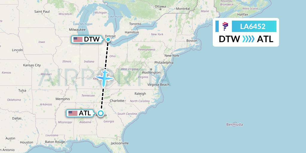 LA6452 LAN Airlines Flight Map: Detroit to Atlanta