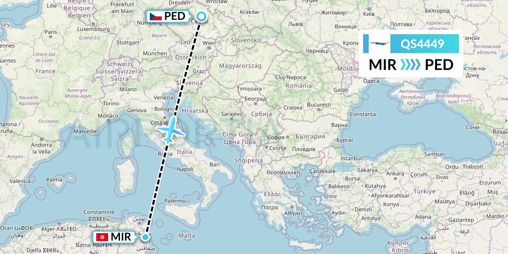 QS4449 Smartwings Flight Map: Monastir to Pardubice