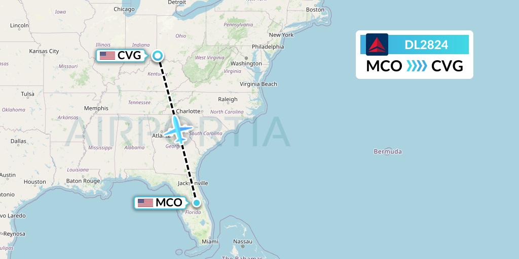 DL2824 Delta Air Lines Flight Map: Orlando to Cincinnati