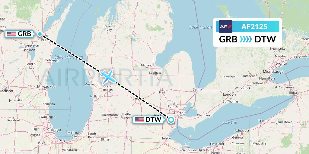 AF2125 Air France Flight Map: Green Bay to Detroit