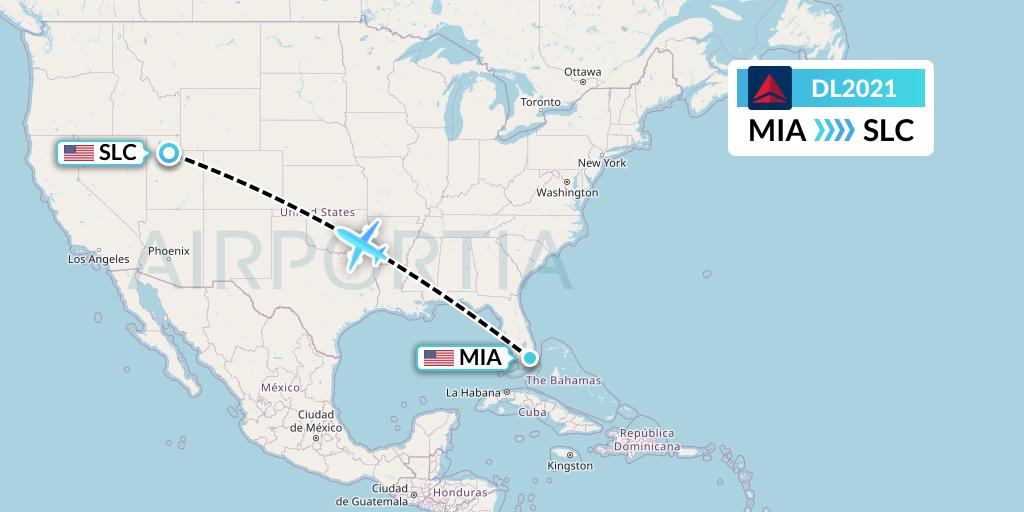 DL2021 Delta Air Lines Flight Map: Miami to Salt Lake City