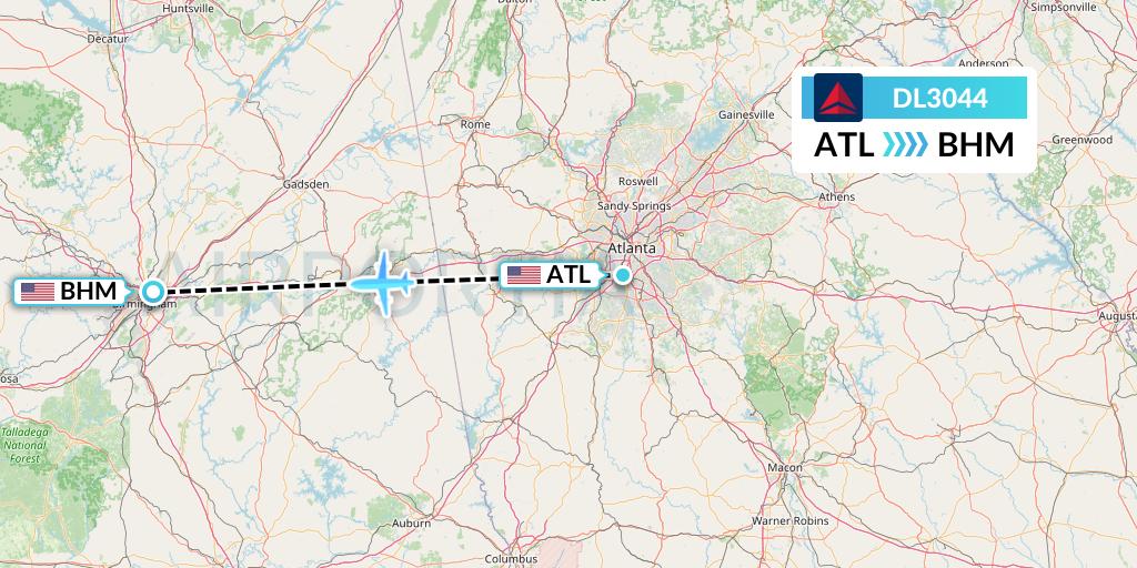 DL3044 Delta Air Lines Flight Map: Atlanta to Birmingham