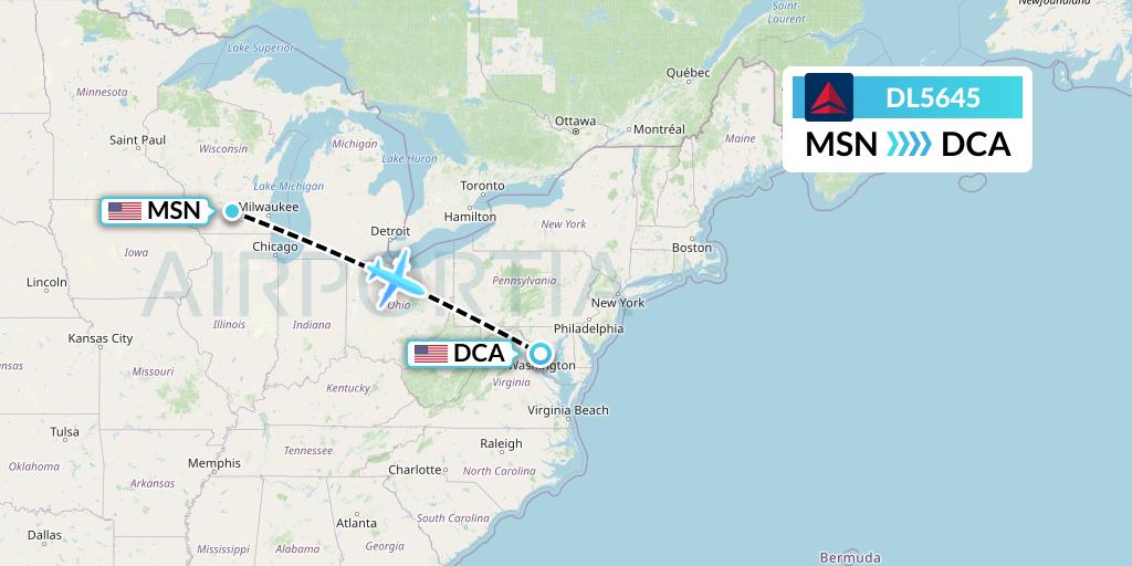 DL5645 Delta Air Lines Flight Map: Madison to Washington