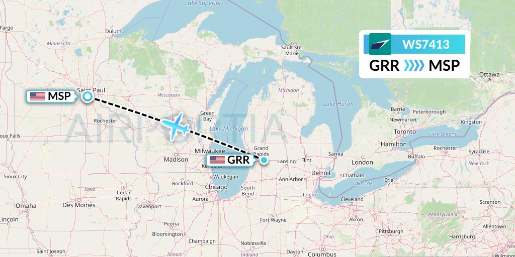 WS7413 WestJet Flight Map: Grand Rapids to Minneapolis