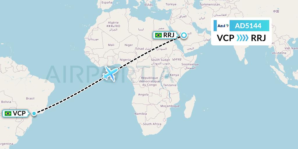 AD5144 Azul Brazilian Airlines Flight Map: Campinas to Rio de Janeiro