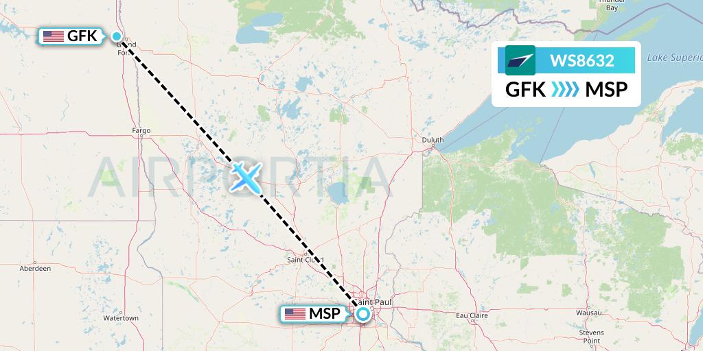 WS8632 WestJet Flight Map: Grand Forks to Minneapolis