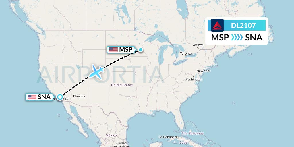 DL2107 Delta Air Lines Flight Map: Minneapolis to Orange County