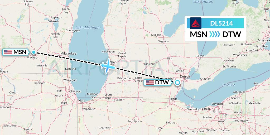 DL5214 Delta Air Lines Flight Map: Madison to Detroit