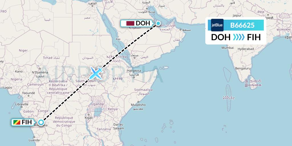 B66625 JetBlue Airways Flight Map: Doha to Kinshasa