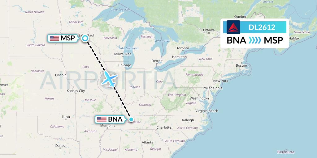 DL2612 Delta Air Lines Flight Map: Nashville to Minneapolis