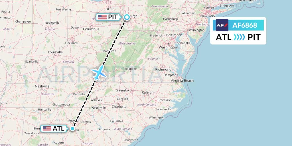 AF6868 Air France Flight Map: Atlanta to Pittsburgh