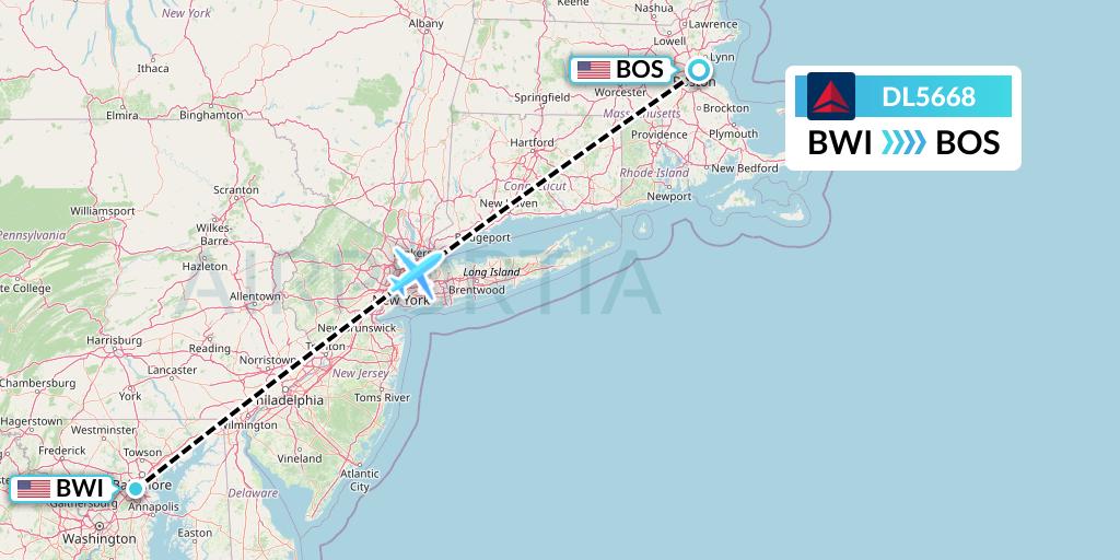 DL5668 Delta Air Lines Flight Map: Baltimore to Boston