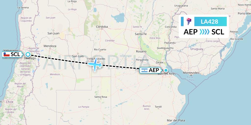 LA428 LAN Airlines Flight Map: Buenos Aires to Santiago