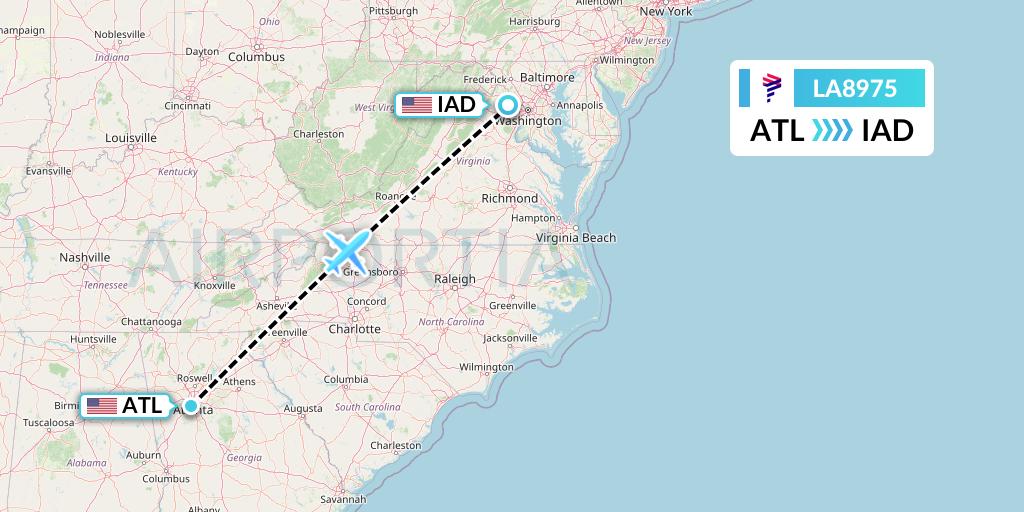 LA8975 LAN Airlines Flight Map: Atlanta to Washington