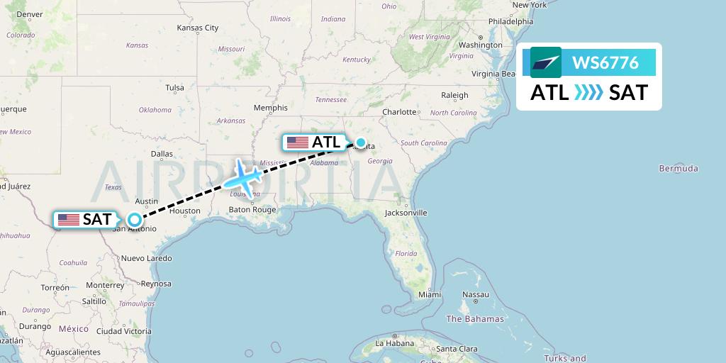 WS6776 WestJet Flight Map: Atlanta to San Antonio