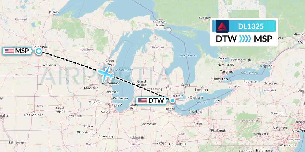 DL1325 Delta Air Lines Flight Map: Detroit to Minneapolis