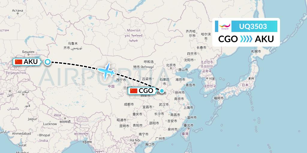 UQ3503 Urumqi Airlines Flight Map: Zhengzhou to Aksu