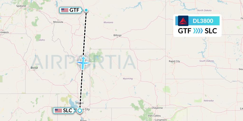 DL3800 Delta Air Lines Flight Map: Great Falls to Salt Lake City